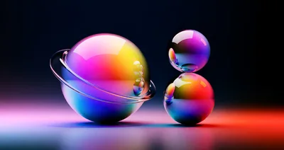Abstract Iridescent Spheres With Rings On Dark Background