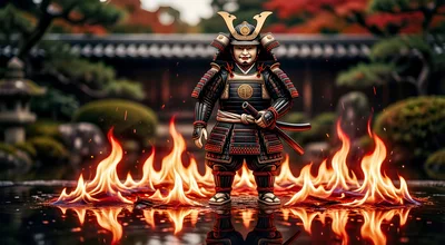 Samurai Warrior Standing Amidst Flames In Traditional Garden