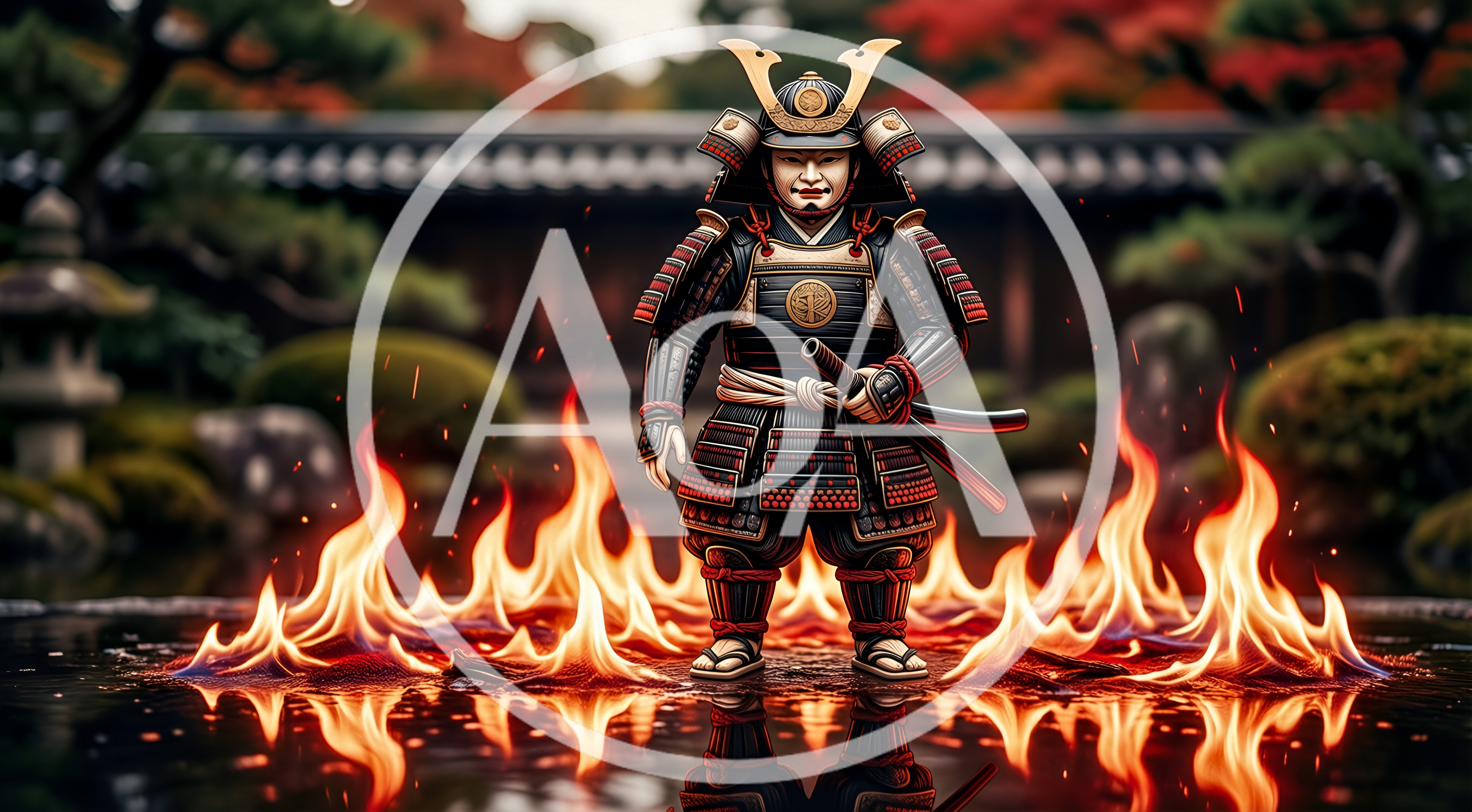Samurai Warrior Standing Amidst Flames In Traditional Garden