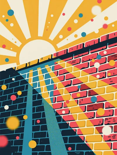 Abstract Geometric Brick Wall With Sunburst Illustration