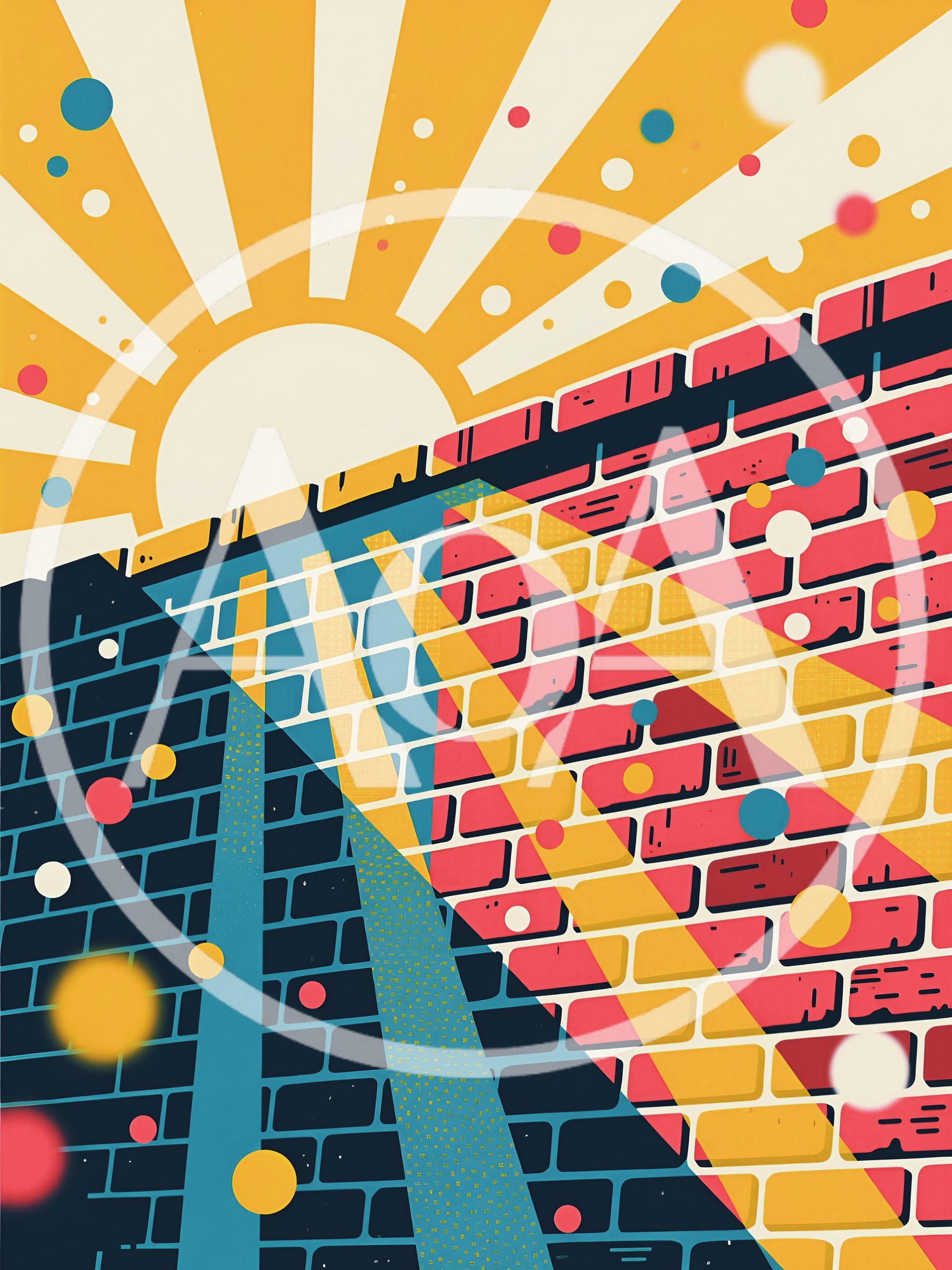 Abstract Geometric Brick Wall With Sunburst Illustration