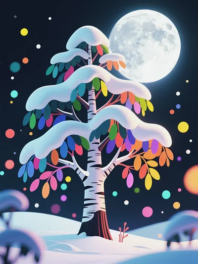 Whimsical Birch Tree With Colorful Leaves Under Full Moon