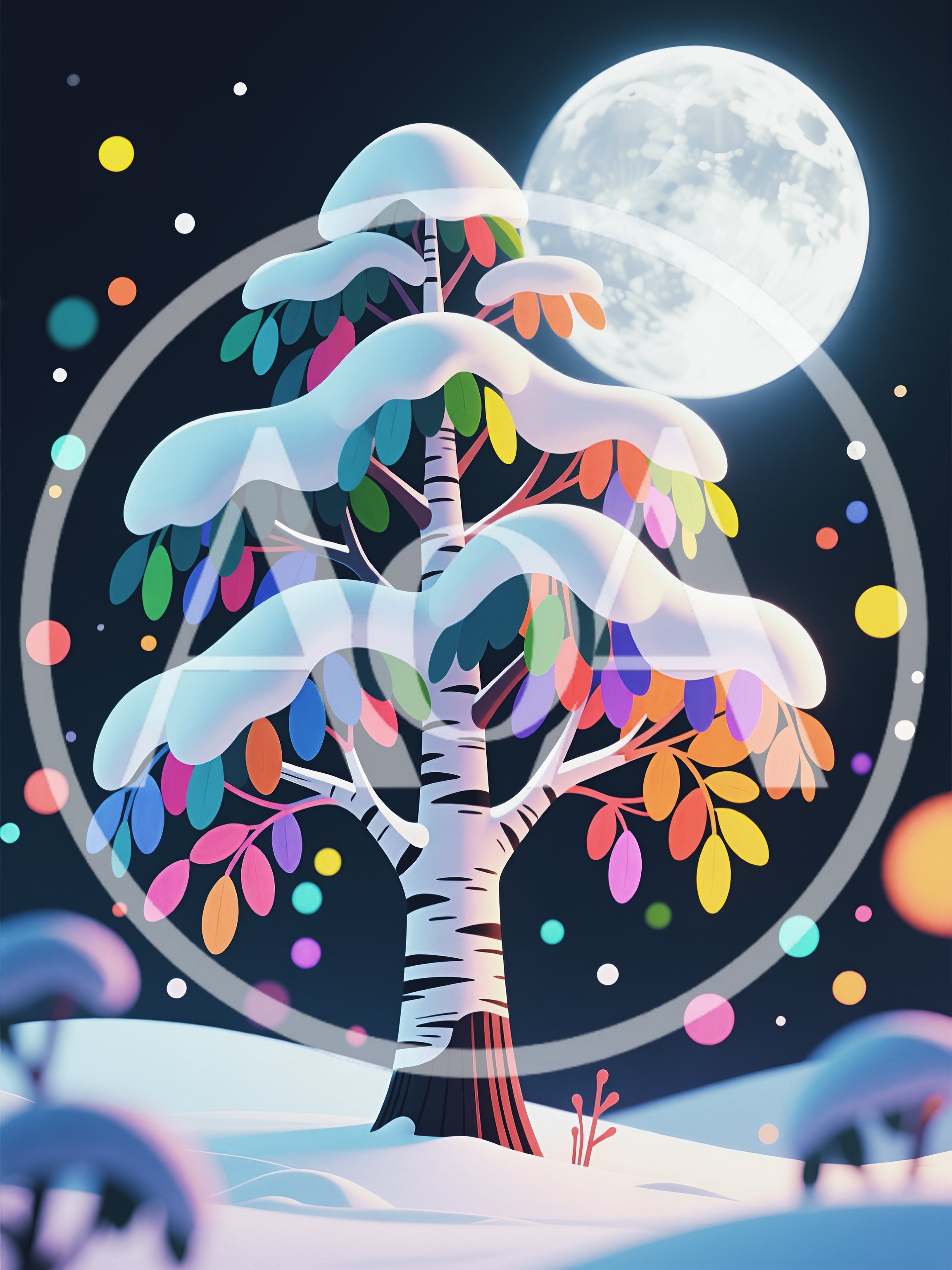 Whimsical Birch Tree With Colorful Leaves Under Full Moon