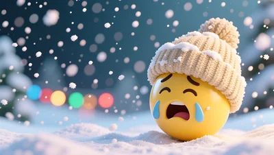 Crying Emoji Wearing A Winter Hat In Snow