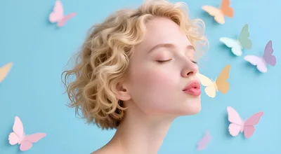 Young Woman With Curly Blonde Hair Blowing A Butterfly