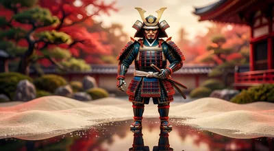 Samurai Warrior Standing in Traditional Japanese Zen Garden