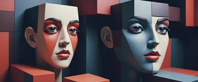 Abstract Geometric Sculptural Faces In Cubist Style