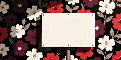 Blank Rectangular Sign Against Floral Wallpaper Background