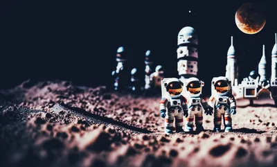 Miniature Astronauts Standing On A Lunar Surface