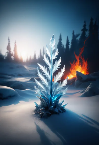 Glowing Ice Crystal Plant In Snowy Winter Landscape