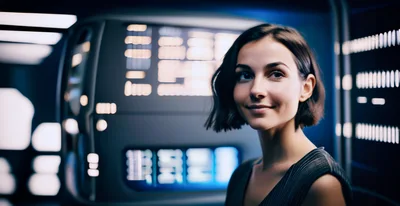 Young Woman Standing Before Futuristic Digital Control Panel