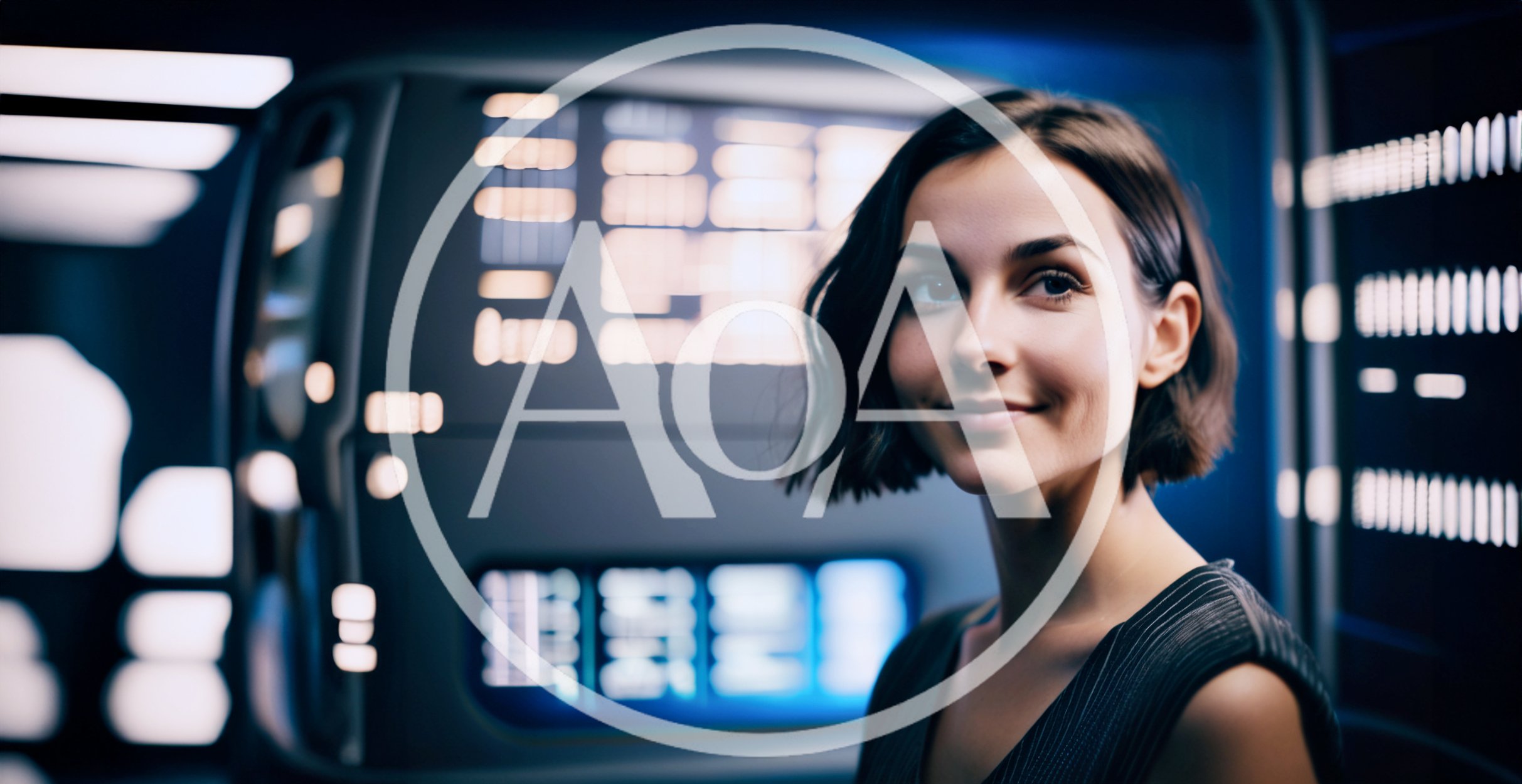 Young Woman Standing Before Futuristic Digital Control Panel