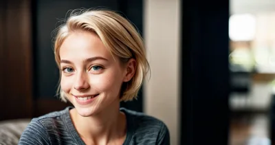 Portrait Of A Smiling Young Woman With Short Blonde Hair