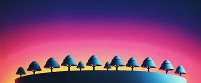 Stylized 3D Trees On A Curved Horizon At Sunset