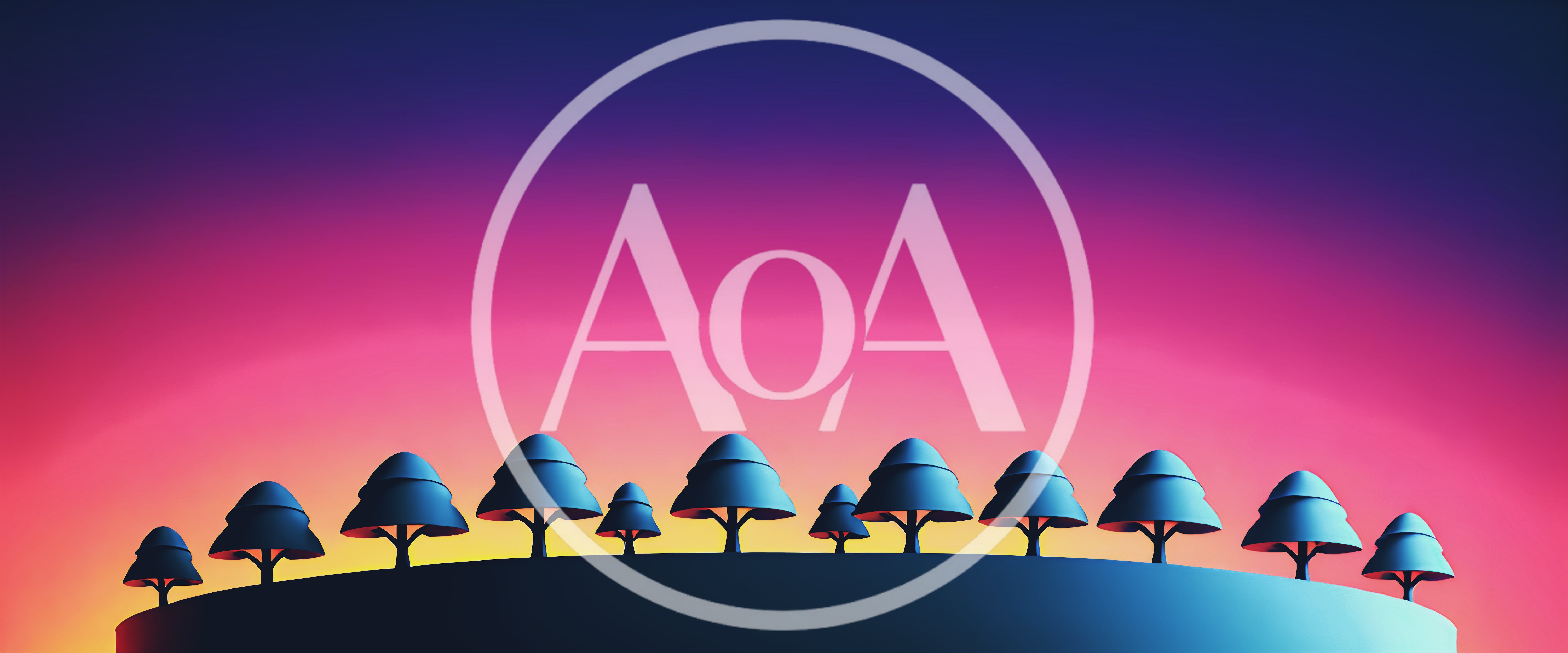 Stylized 3D Trees On A Curved Horizon At Sunset
