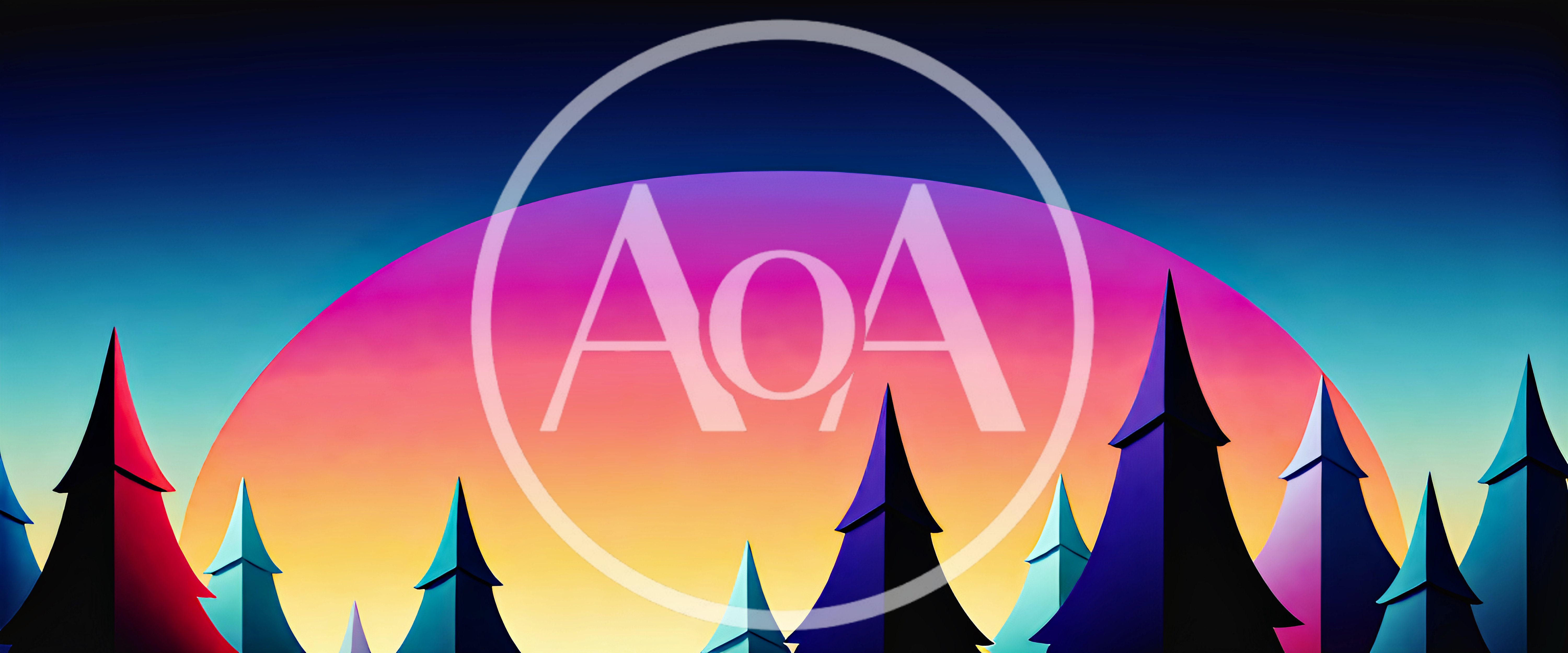 Stylized Geometric Forest Silhouette Against Vibrant Sunset
