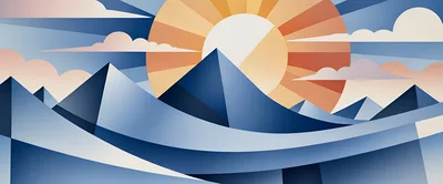 Abstract Geometric Mountain Landscape With Radiant Sun