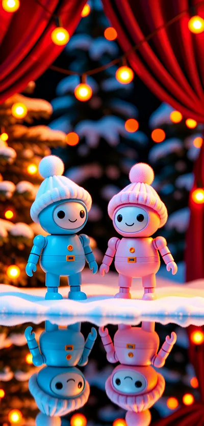 Two Cute Robot Figurines in Winter Hats