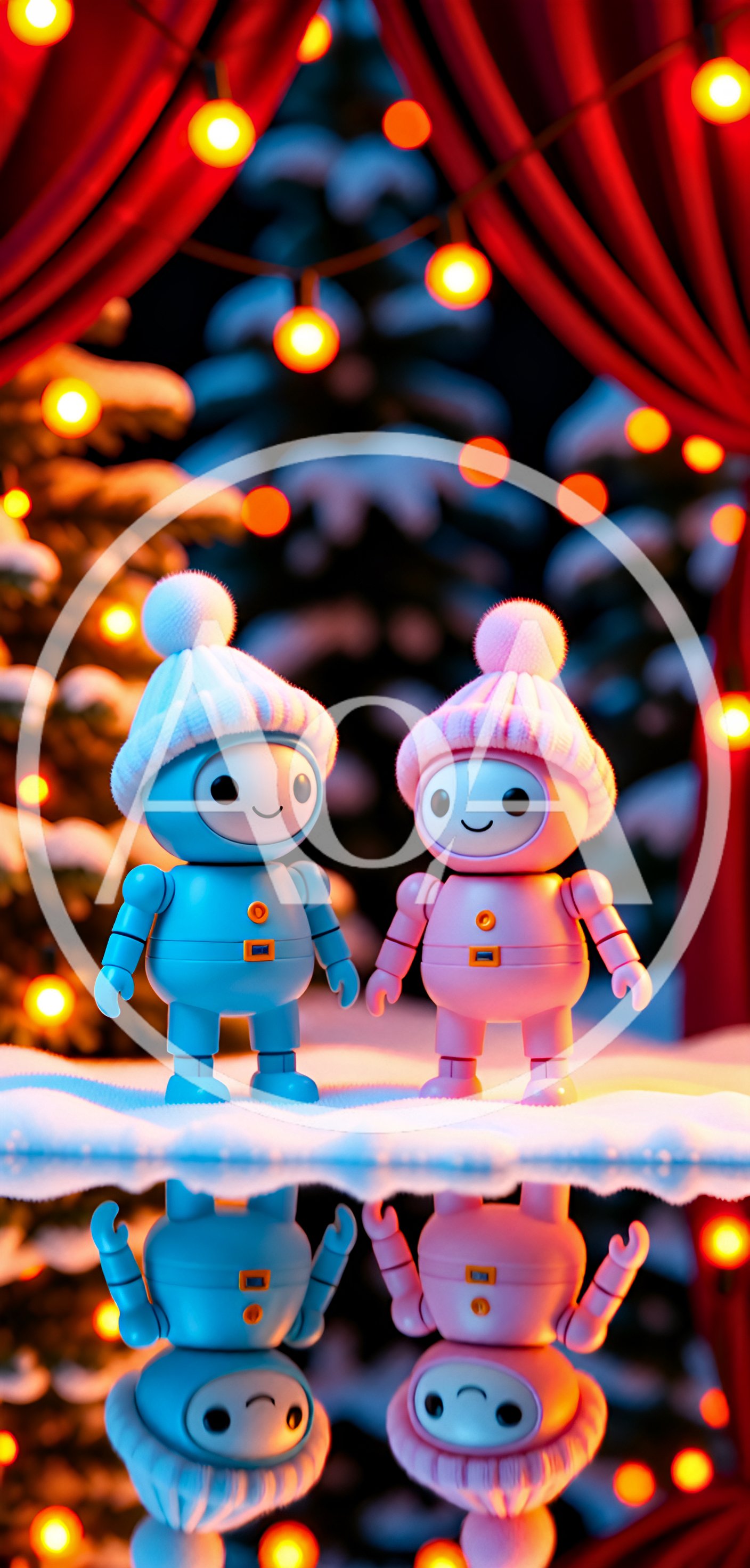 Two Cute Robot Figurines in Winter Hats