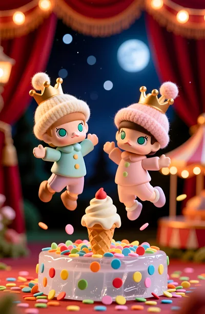 Cute Cartoon Characters Jumping Over A Cake