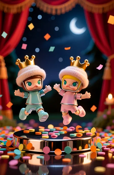 Two Cute Cartoon Characters Jumping on a Stage