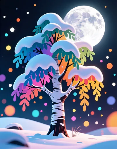 Whimsical Rainbow Birch Tree Under Full Moon