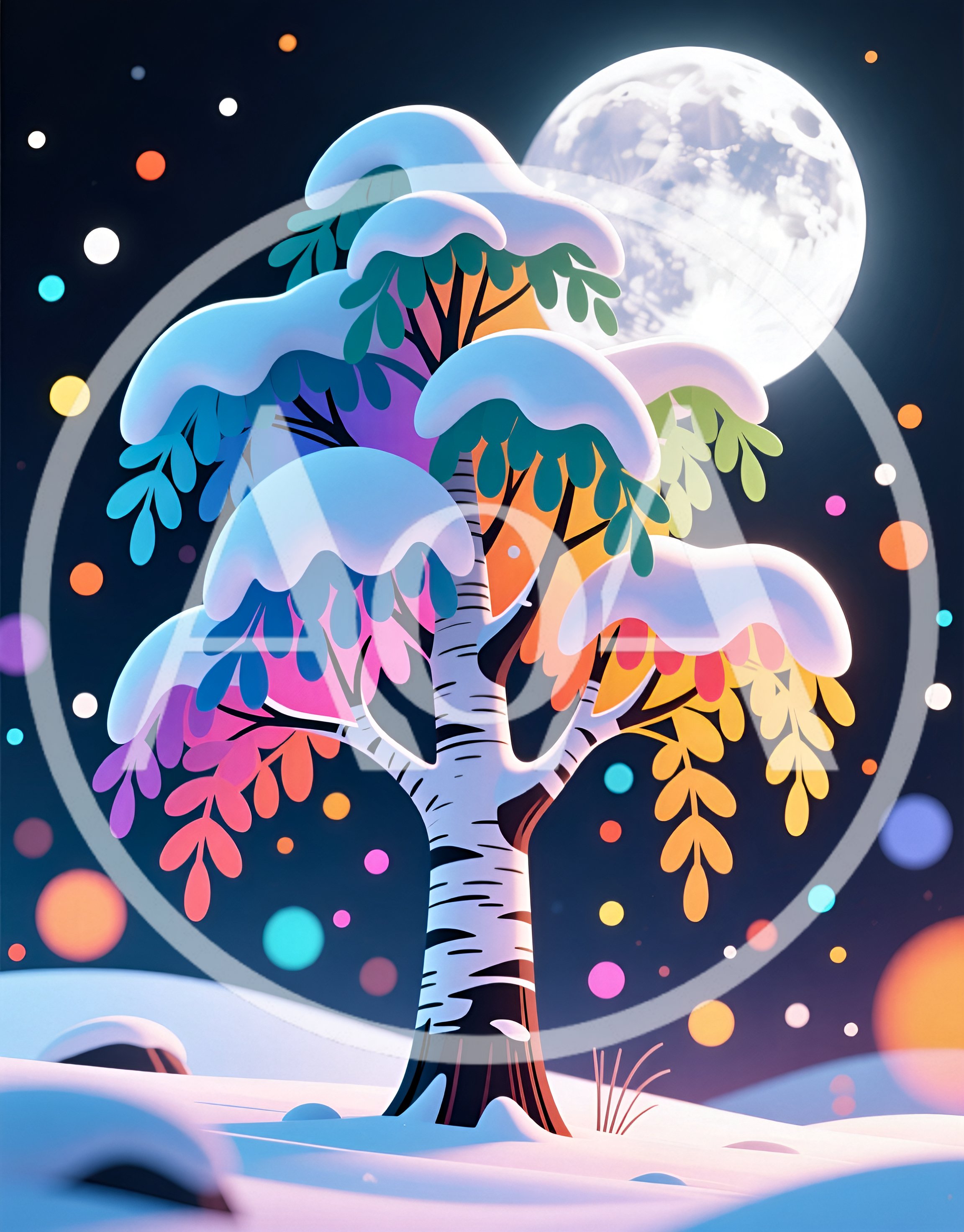 Whimsical Rainbow Birch Tree Under Full Moon