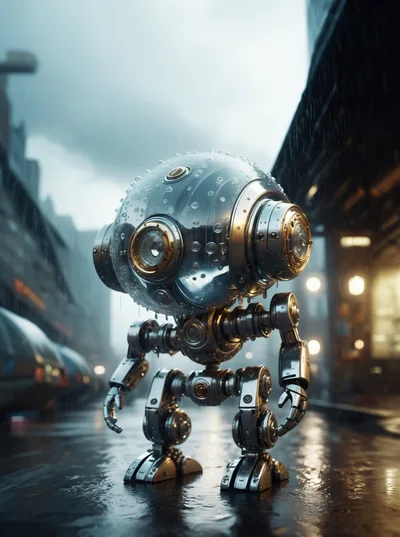 Small Metallic Robot Standing In Rainy City Street