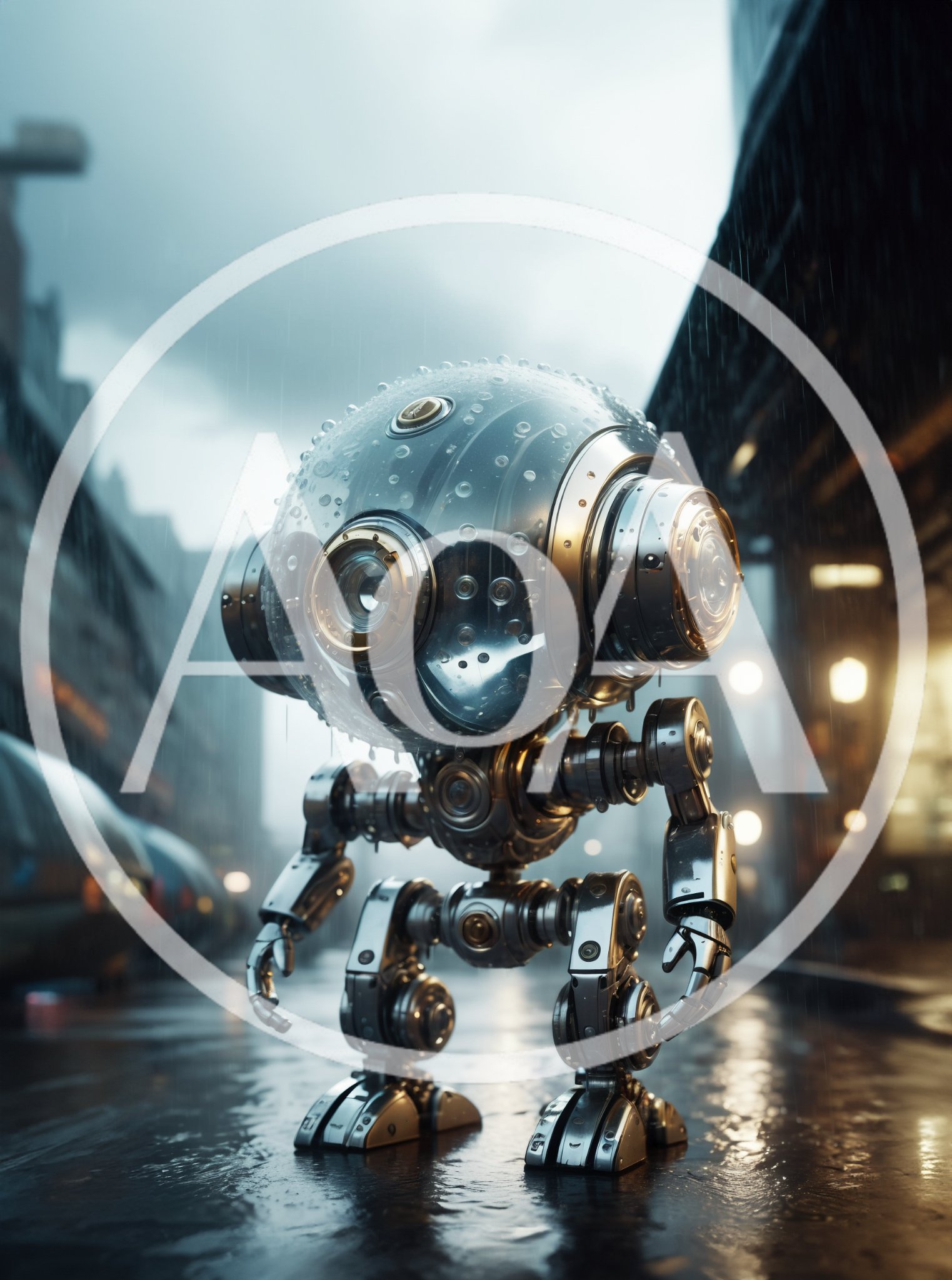 Small Metallic Robot Standing In Rainy City Street