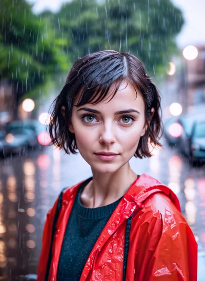 Young Woman Wearing Red Raincoat In Rainy City Street