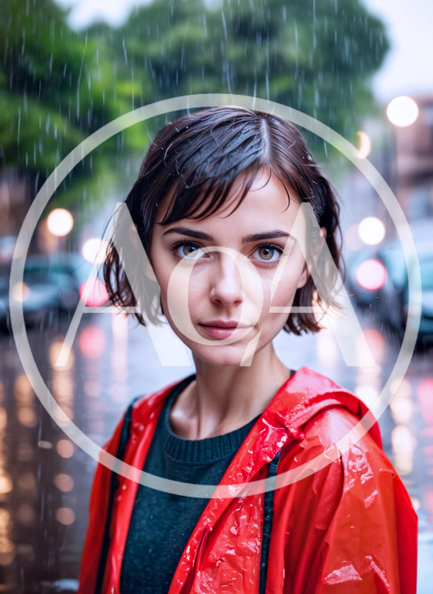 Young Woman Wearing Red Raincoat In Rainy City Street