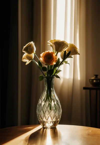 Elegant Flowers In A Crystal Vase On A Table