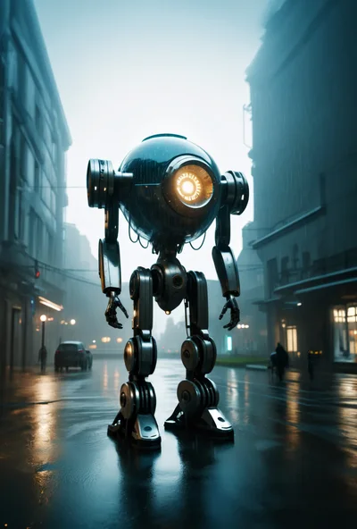 Futuristic Robot Standing In A Rainy City Street