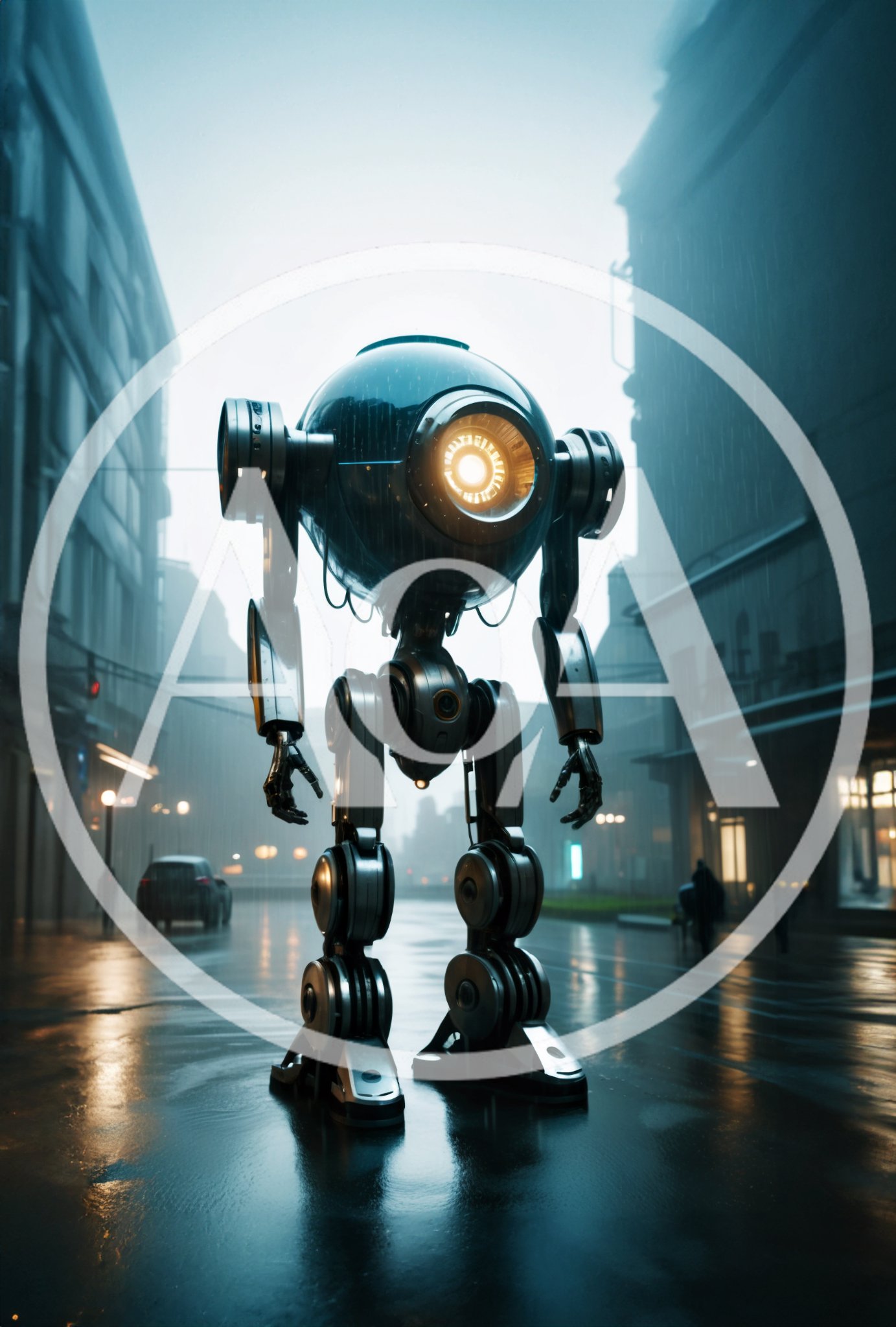 Futuristic Robot Standing In A Rainy City Street