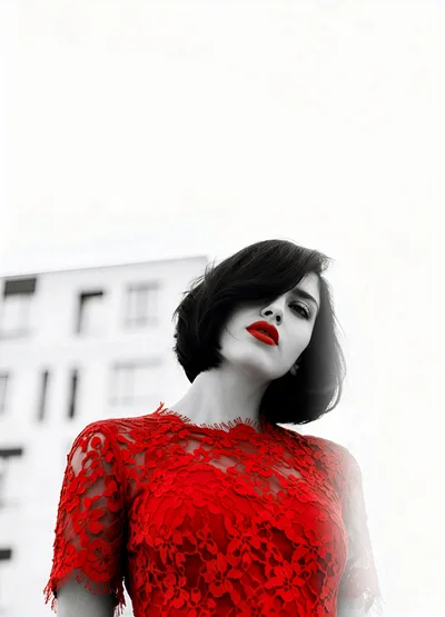 Fashion Portrait Of A Woman In A Red Lace Dress