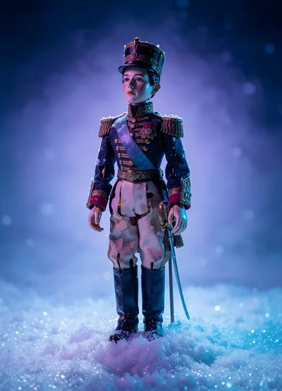Nutcracker Soldier Doll Standing In Snowy Winter Landscape