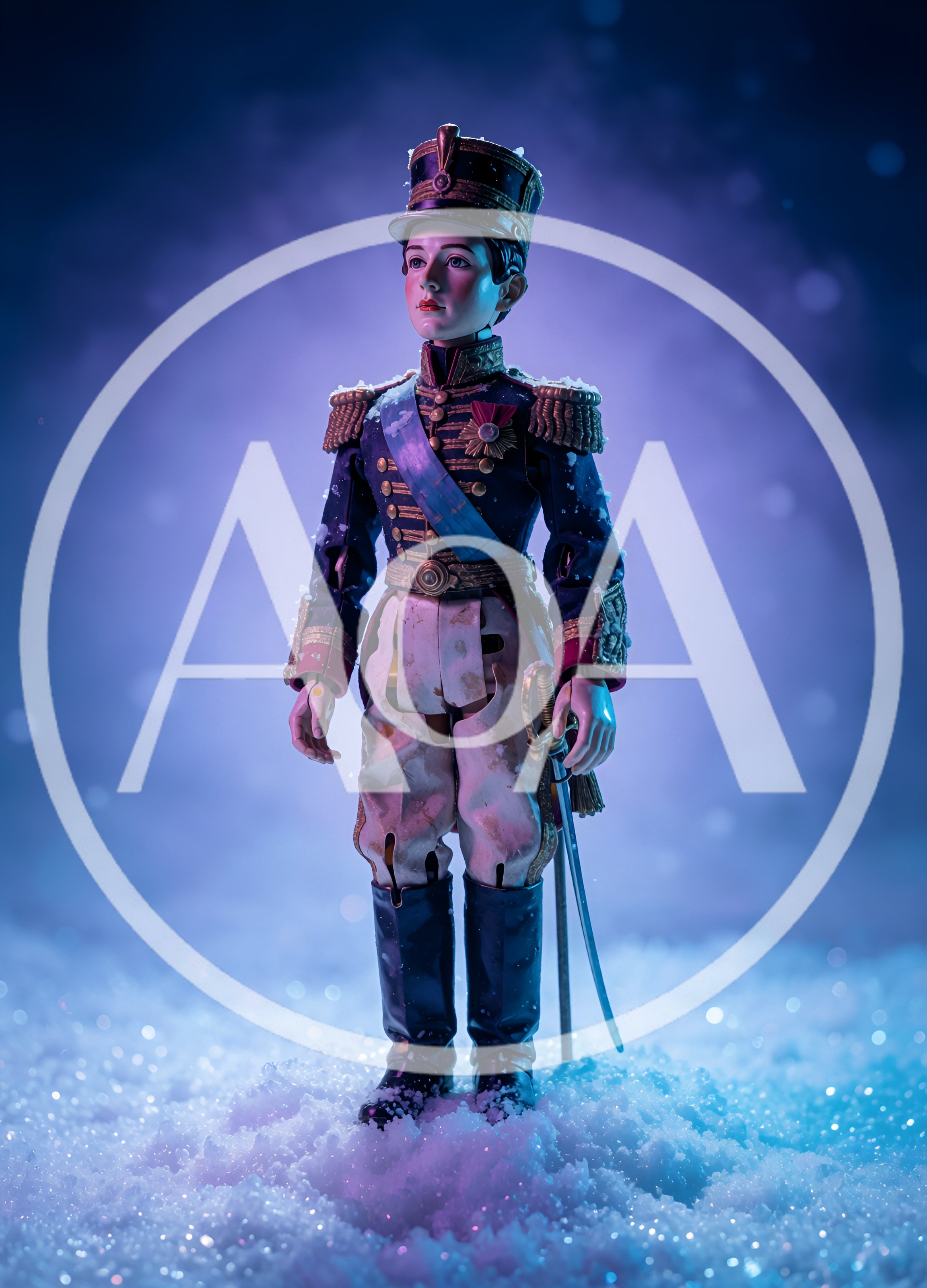 Nutcracker Soldier Doll Standing In Snowy Winter Landscape