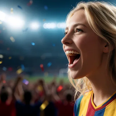 Excited Female Soccer Fan Cheering In Stadium