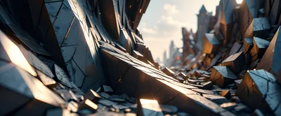 Abstract Geometric Crystalline Landscape With Golden Sunlight
