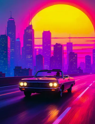 Classic Convertible Driving Through A Retro Synthwave Cityscape