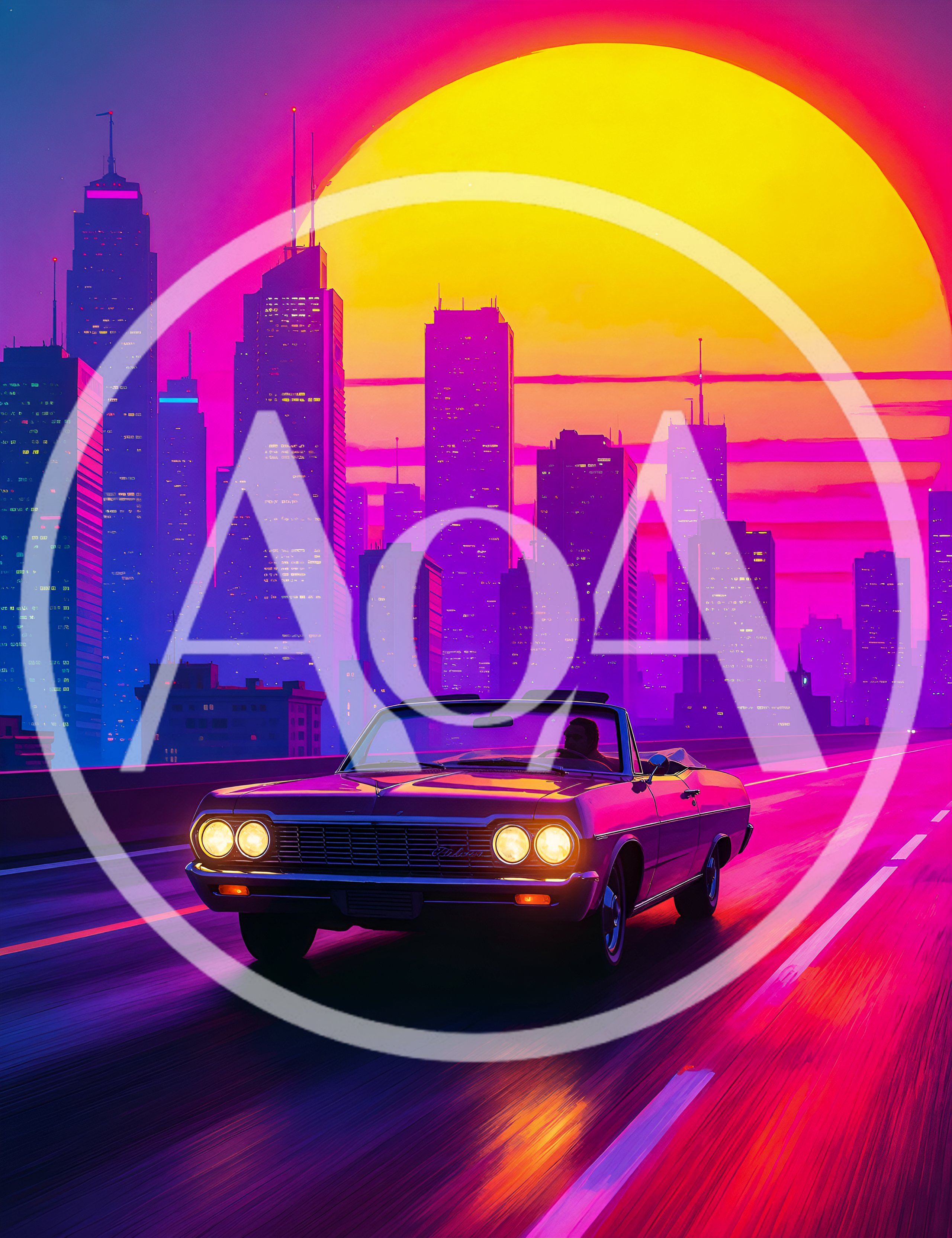 Classic Convertible Driving Through A Retro Synthwave Cityscape
