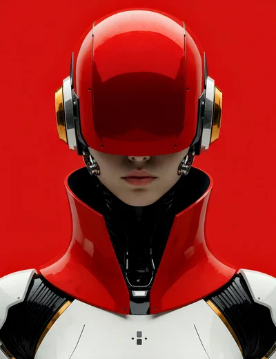 Futuristic Android Portrait With Red Helmet And Armor