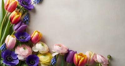 Spring Flower Arrangement Border on Neutral Background