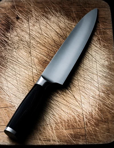 Professional Chef Knife Resting On A Scratched Wooden Board