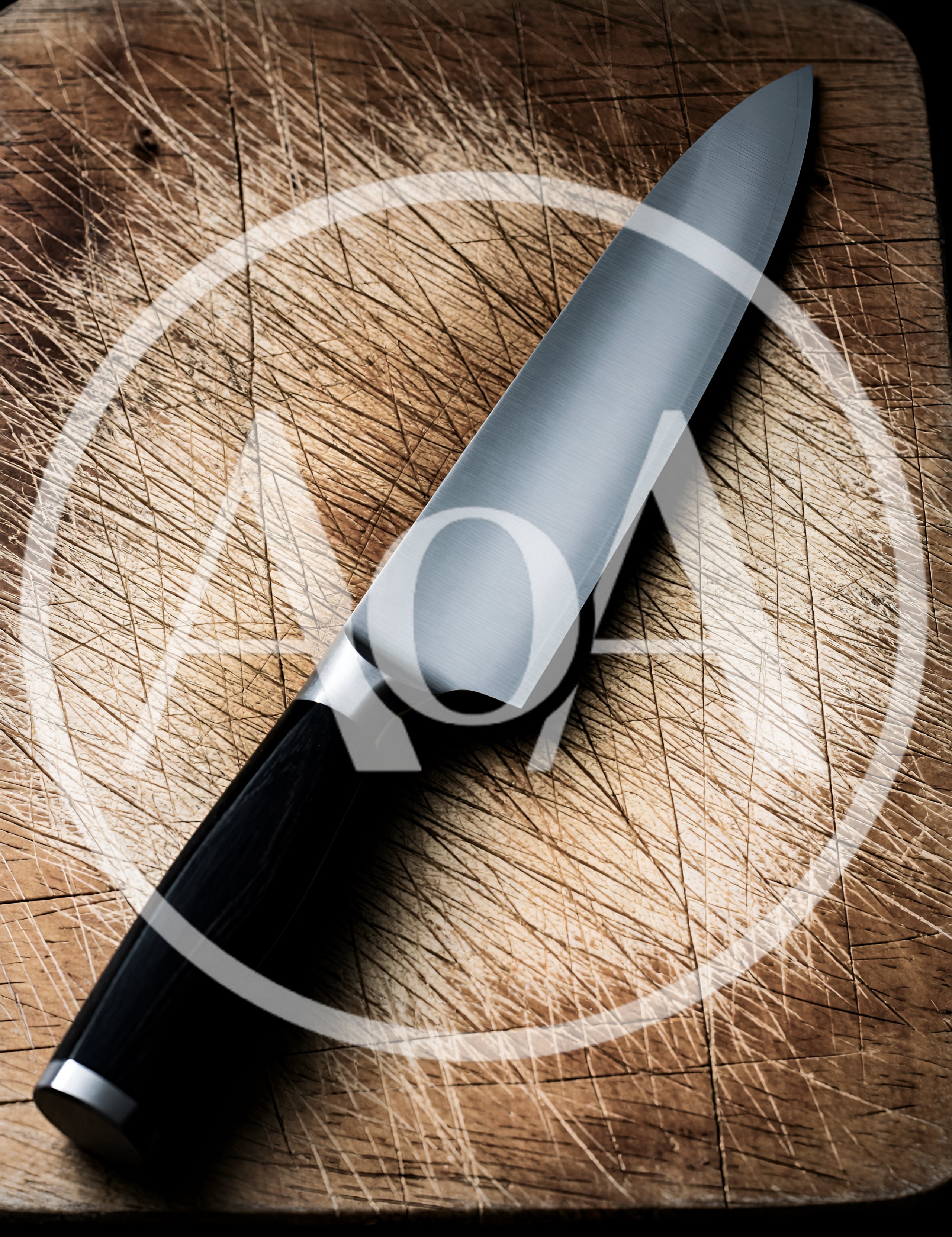 Professional Chef Knife Resting On A Scratched Wooden Board