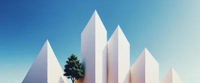 Minimalist White Geometric Buildings With A Single Tree