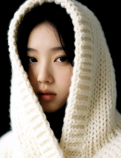 Portrait Of A Young Woman Wearing A Knitted Hood