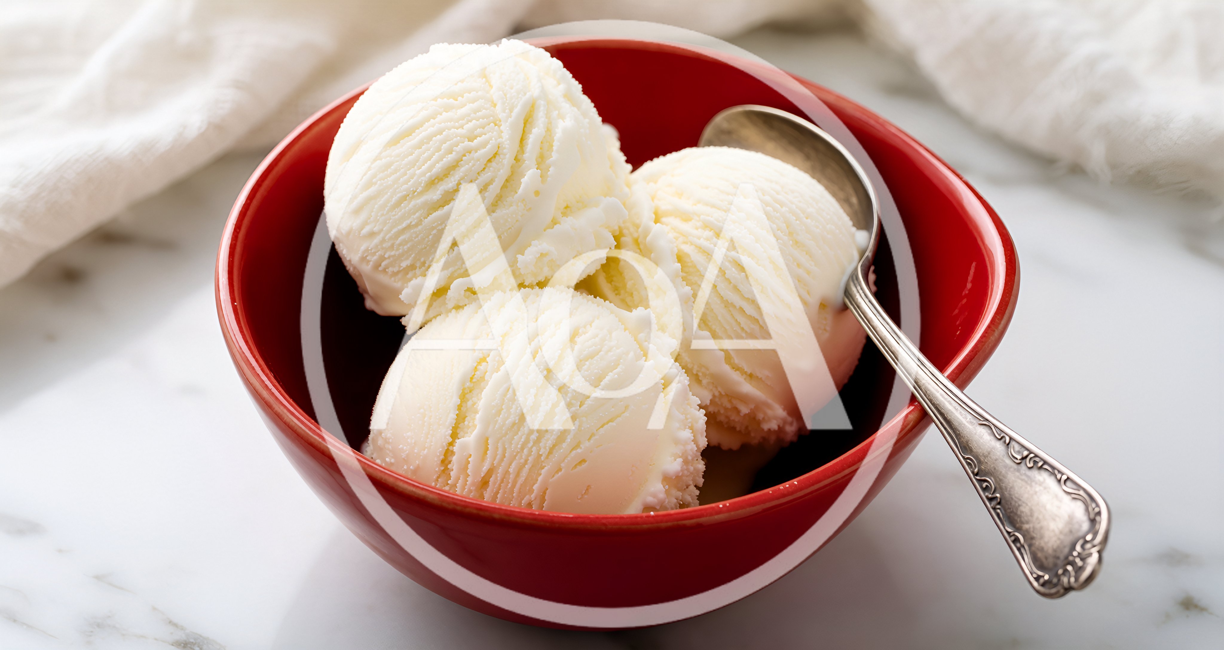 Three Scoops Of Vanilla Ice Cream In A Red Bowl