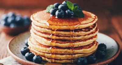 Stack of Fluffy Pancakes with Blueberries and Syrup