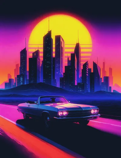 Retro Synthwave Convertible Driving Toward Futuristic City Skyline